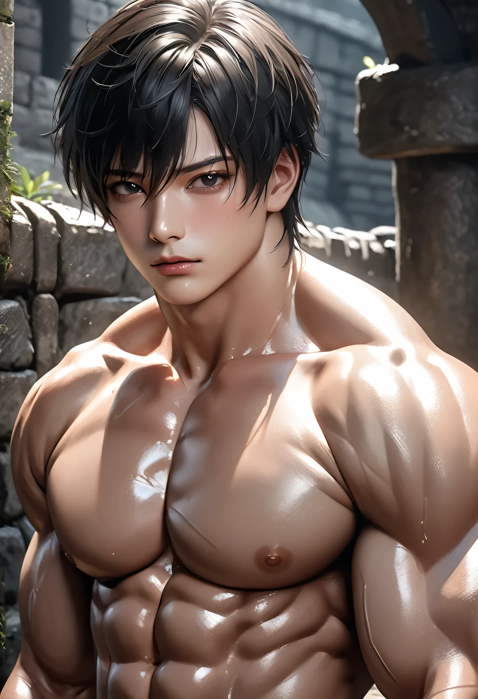 high quality, detailed, ( japanese idol wrestler boy), (detailed black eyes), (black short hair), (muscle:1.5), (shiny skin:1.4), black tiny thong, bulge,(detailed nipples), yard, dungeon, (best quality,4k,8k,highres,masterpiece:1.2), face close up,(realistic,photorealistic,photo-realistic:1.37),