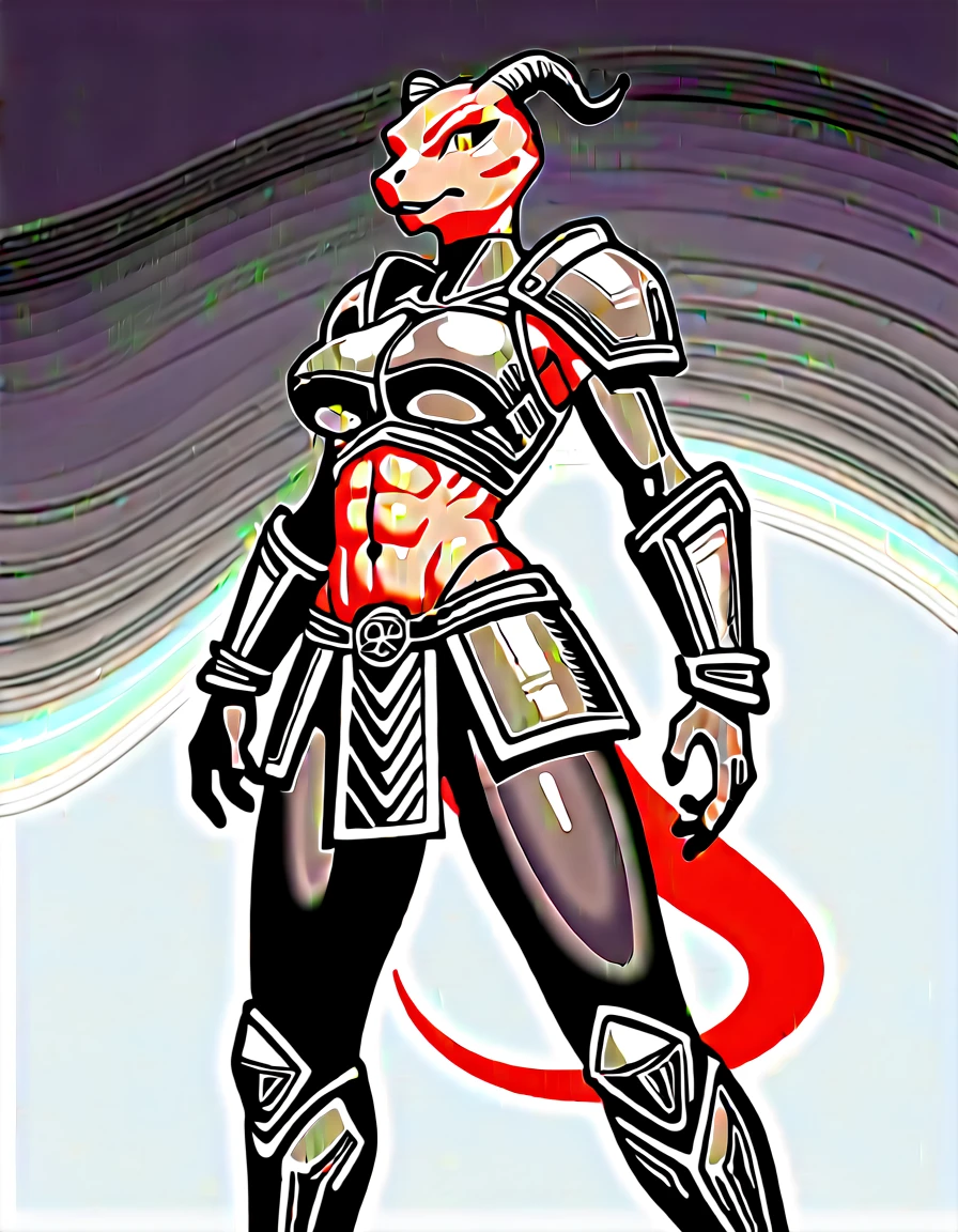 Solo, score_9,score_8_up,score_7_up, kemono style, Anthro Argonian female from skyrim, Anthro reptile girl, snout, red scaled skin, glowing red eyes, black lips, black horns, black ram horns, athletic body, and, wearing metal barbarians armor, barbarian boots, standing, grinning, simple white background