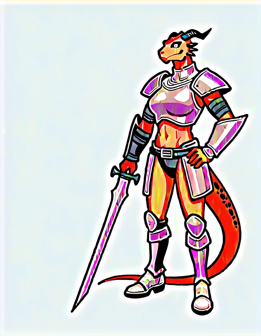 Solo, score_9,score_8_up,score_7_up, kemono style, Anthro Argonian female from skyrim, Anthro reptile girl, snout, red scaled skin, glowing red eyes, black lips, black horns, black ram horns, athletic body, and, wearing metal barbarians armor, barbarian boots, standing, grinning, simple white background