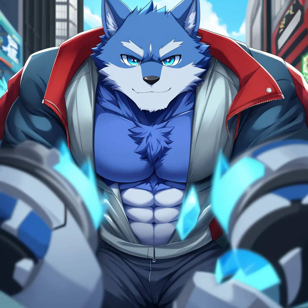 solo, anthro, furry, furry male, wolf, ((fluffy fur, fluffy, furry body)), (wolf print), red eyes, hair tuft, long hair, (light blue body, blue body, muscles), wolf tail, ((white hair, mohawk hair)), (white muzzle, white forearms), detailed fluffy fur, detailed face, detailed eyes, naked, erect penis, no underwear, erect dick, leaking cum, cum splatter, smaller arms (full body, round ass, fluffy ass, Red LED glowing collar), cyberpunk, valorant,(by DRKS, by raccoon21, by Sollyz, by null-ghost, masterpiece, high quality,hi res,8k hd), close-view portrait, looking at viewer, night, indoors, wrestling arena, stage lights above, victory pose, cute face, open mouth, teeth, detailed teeth, grinning expression, posing with both arms up, camera view angled from above, tongue sticking out of mouth