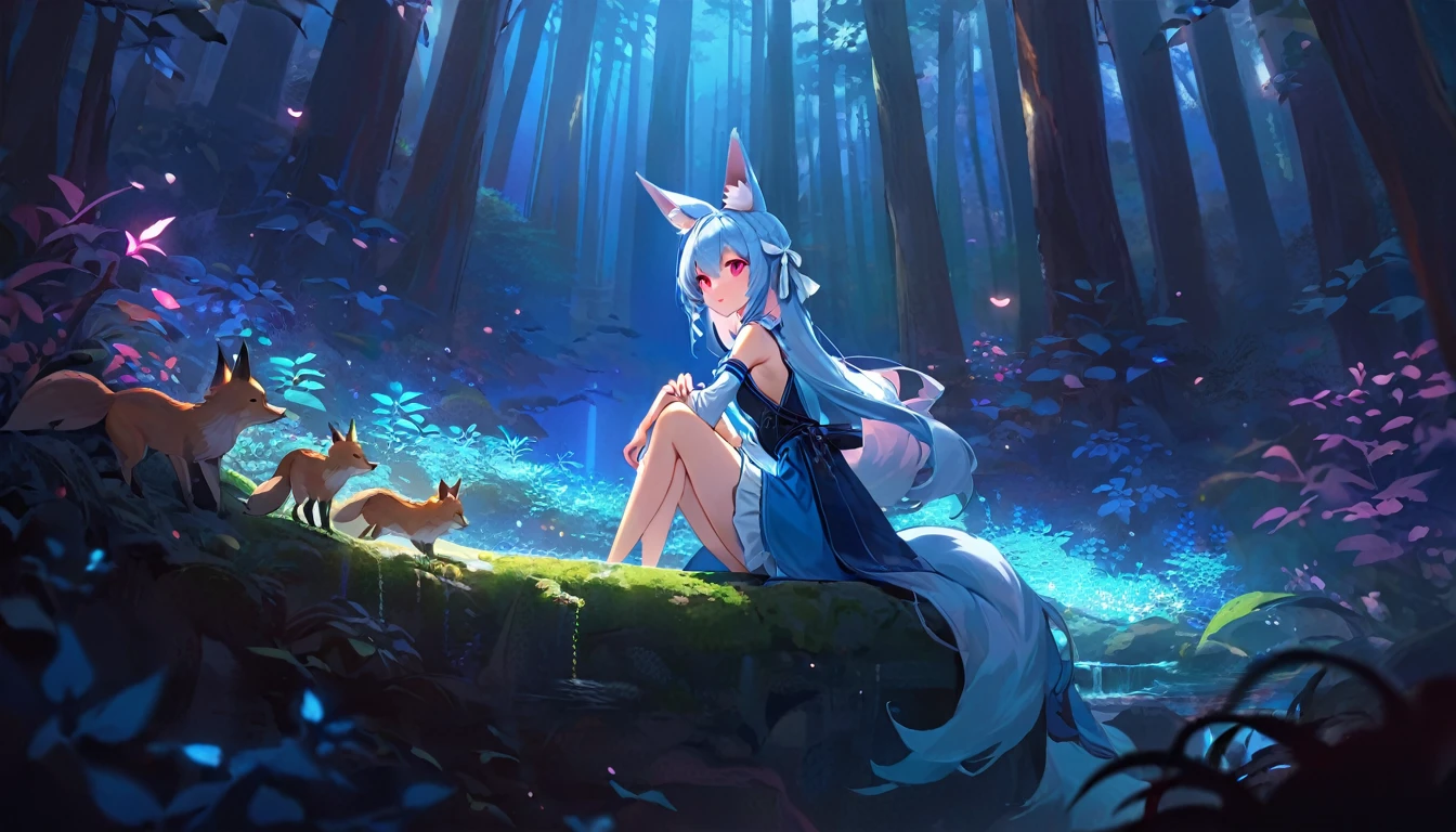 (good job:1 woman, fox ears, fox tail, 하늘색 fox ears, 하늘색 fox tail,hair down to the middle of the back, light blue hair, He wears a white ribbon in his hair., pink eyes, Sky blue hanbok, sitting on a rock in the forest, High Angle