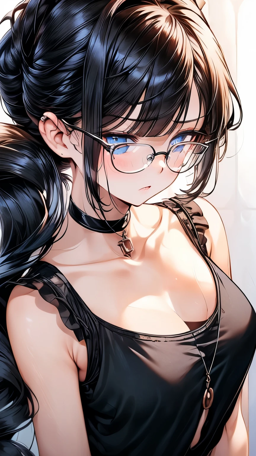 1 female,Black Hair, ,((Annoyed expression)),Beautiful breasts,Thin white tank top,Good style,,(Look forward)(((Blushing cheeks、Surprised expression)),(((Low Ponytail))),((( Upper body portrait)))Frameless Glasses,blue eyes,(((The bangs are evenly spaced)))((See-through))Sexy Bra(Wet condition)