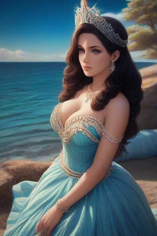 (((QUEEN YEMANJÁ )))on a BEACH with SHELLS STARS OF THE SEA a bright light, Sorceress, beautiful female sorceress, (( Yemanjá perfeita ))) With a beautiful crown of shells and pearls, volantes+ribbons+detailed in tone , It should look charming and beautiful, Keep the iconic elements of the original character. Yemanjá must have a sensual round face with large dimensions, clear eyes, long eyelashes and rosy cheeks. Your hair should be in great black tones . Elegant like a queen : Vista-se Chibi em um luxuoso e elegante vestido com detalhes standingrolas dourada . She wears a veil on the shore, The character&#39;s costume is a beautiful light blue lace dress. . standing, . Magic Accessories: Add charming accessories to the chibi, shell necklaces and earrings .Be sure to add shadows, textures and details in the hair, yemanjá accessories, to make you even more charming and charming. Give him a smiling expression and a smile on his face, Capturing the essence of the character in a subtle way, Delicate hands,( beach scenery, deep surrealistic landscape, yemanjá and its mermaids ) million conchas pérolas 18 K UHD