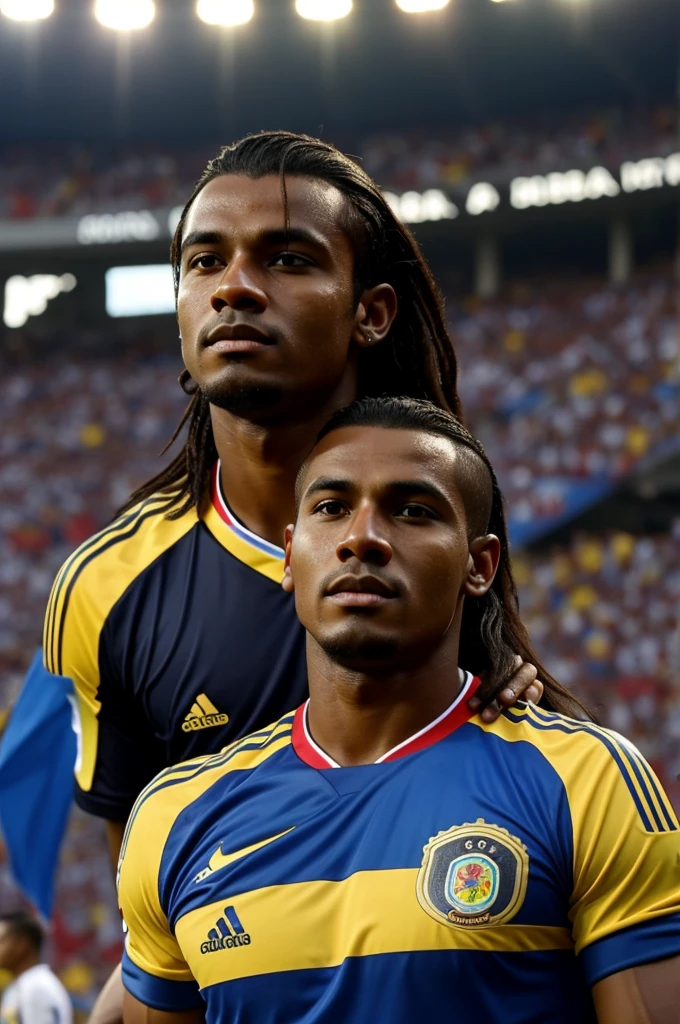 A dark-skinned boy with a mullet and a Colombian national team shirt and the number is Adarme is in a stadium full of Colombian fans.