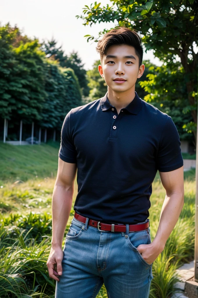Young Korean man in a navy blue polo shirt and jeans, A handsome, muscular young Asian man looks at the camera. In a simple t-shirt blue and red , Fieldside, grass, beach, sunlight