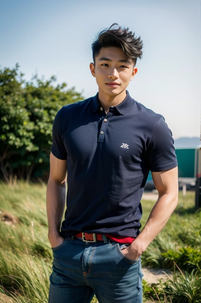 Young Korean man in a navy blue polo shirt and jeans, A handsome, muscular young Asian man looks at the camera. In a simple t-shirt blue and red , Fieldside, grass, beach, sunlight