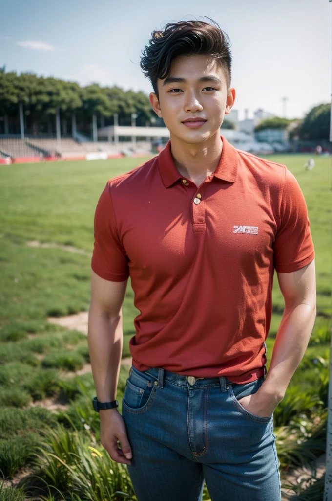 Young Korean man in a navy blue polo shirt and jeans, A handsome, muscular young Asian man looks at the camera. In a simple t-shirt blue and red , Fieldside, grass, beach, sunlight