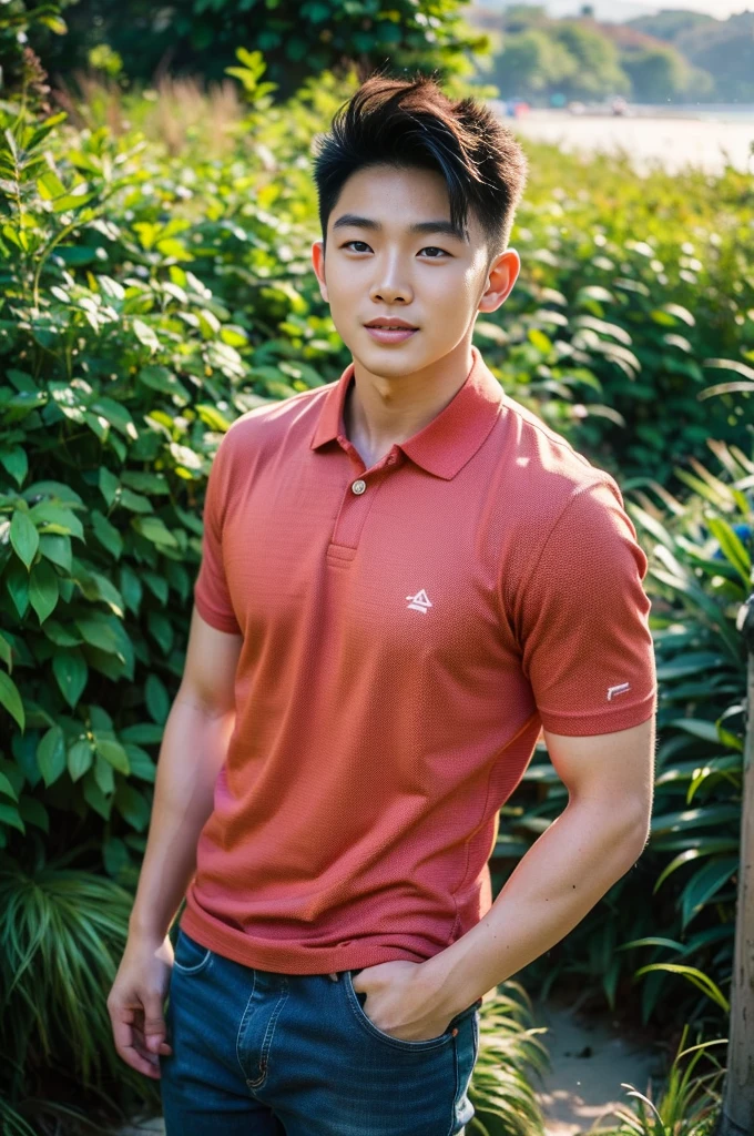 Young Korean man in a navy blue polo shirt and jeans, A handsome, muscular young Asian man looks at the camera. In a simple t-shirt blue and red , Fieldside, grass, beach, sunlight
