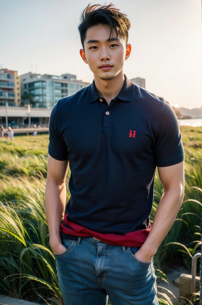 Young Korean man in a navy blue polo shirt and jeans, A handsome, muscular young Asian man looks at the camera. In a simple t-shirt blue and red , Fieldside, grass, beach, sunlight