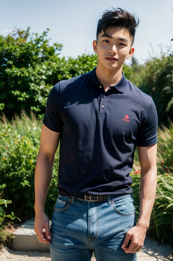 ((realistic daylight)) , Young Korean man in a navy blue polo shirt and jeans, A handsome, muscular young Asian man looks at the camera. In a simple t-shirt blue and red , roadside traffic ,((look sideways))