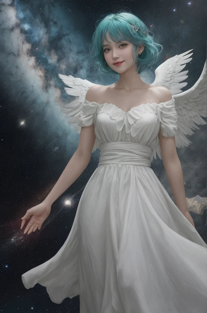 a woman, teal hair, red eyes, smile, angel wings, golden halo, white dress, standing upright, in outer space, Milky Way in the background, stars in the distance, upper body