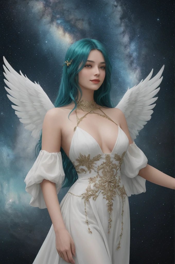 a woman, teal hair, red eyes, smile, angel wings, golden halo, white dress, standing upright, in outer space, Milky Way in the background, stars in the distance, upper body