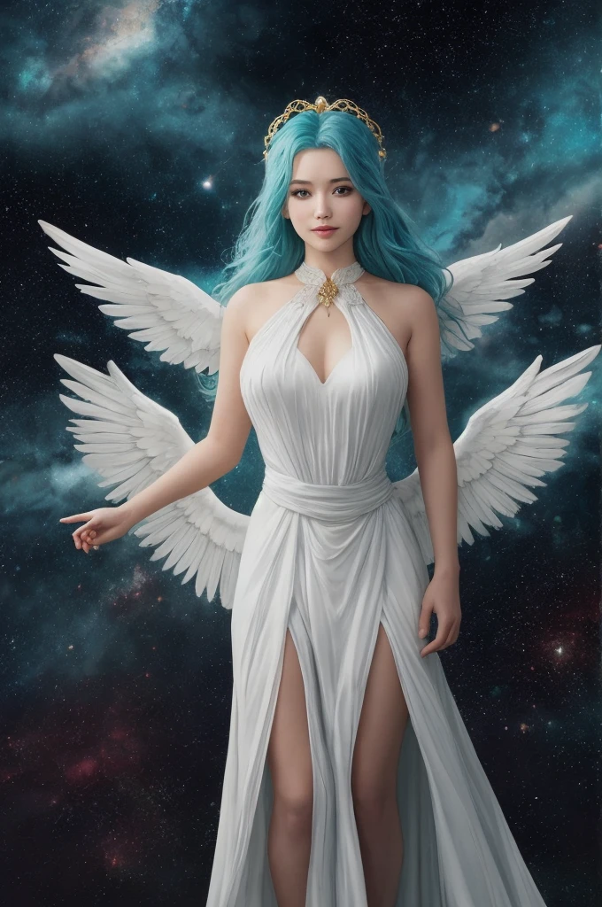 a woman, teal hair, red eyes, smile, angel wings, golden halo, white dress, standing upright, in outer space, Milky Way in the background, stars in the distance, upper body