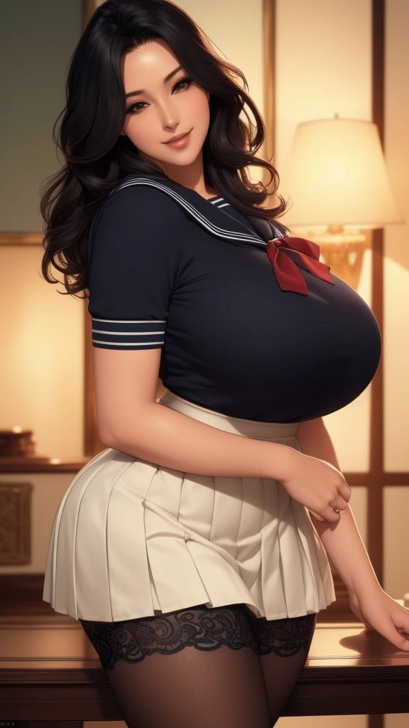(8k, highest quality, table top:1.4), (intricate details:1.3), (realistic), (super detailed), 1 girl, alone, (married woman、40 generations)、Beautiful woman、mature woman, (sensual smile:1.35), Front view, (leaning forward:1.2), showing cleavage, looking at the viewer, Nankoku Resort, fine long hair, (fluffy long black hair), fine eyes,, hourglass body shape, (Sensual curvaceous body:1.1), (huge breasts), thick thighs, wide hips, small waist、( uniform),(sexy sailor suit ),(pleated mini skirt)、realistic lighting, natural soft light, dynamic lighting