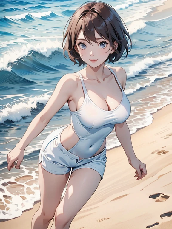 (Highest quality、masterpiece、High resolution、8K)、Vibrant colors、Young and beautiful woman 1、whole body、Brown and black short bob、barefoot、(Detailed face、Beautiful Eyes、Beautiful nose、Pretty lips)、Ample breasts、Beautiful cleavage、White T-shirt and shorts、Running on the beach、A refreshing smile、looking at the camera、Official Art、The background is the sea、blue sky、White waves and wide sandy beach、Wide forest、White Entrance Cloud、(Depth of written boundary:1.5)、Professional Lighting、