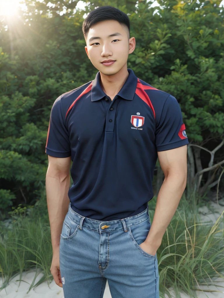 Young Korean man in a navy blue polo shirt and jeans, A handsome, muscular young Asian man looks at the camera. In a simple t-shirt blue and red , Fieldside, grass, beach, sunlight