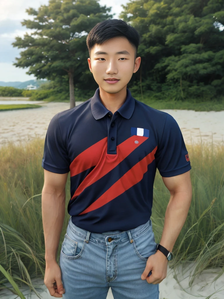 Young Korean man in a navy blue polo shirt and jeans, A handsome, muscular young Asian man looks at the camera. In a simple t-shirt blue and red , Fieldside, grass, beach, sunlight