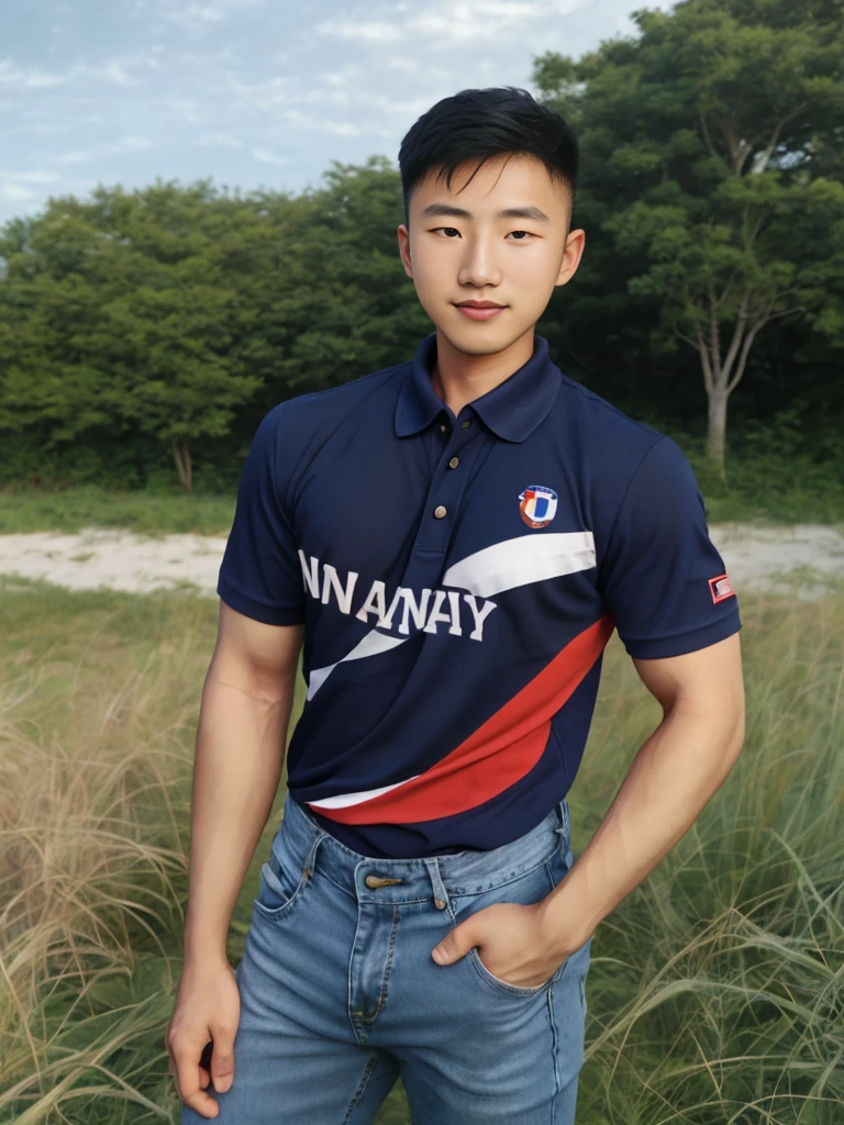 Young Korean man in a navy blue polo shirt and jeans, A handsome, muscular young Asian man looks at the camera. In a simple t-shirt blue and red , Fieldside, grass, beach, sunlight