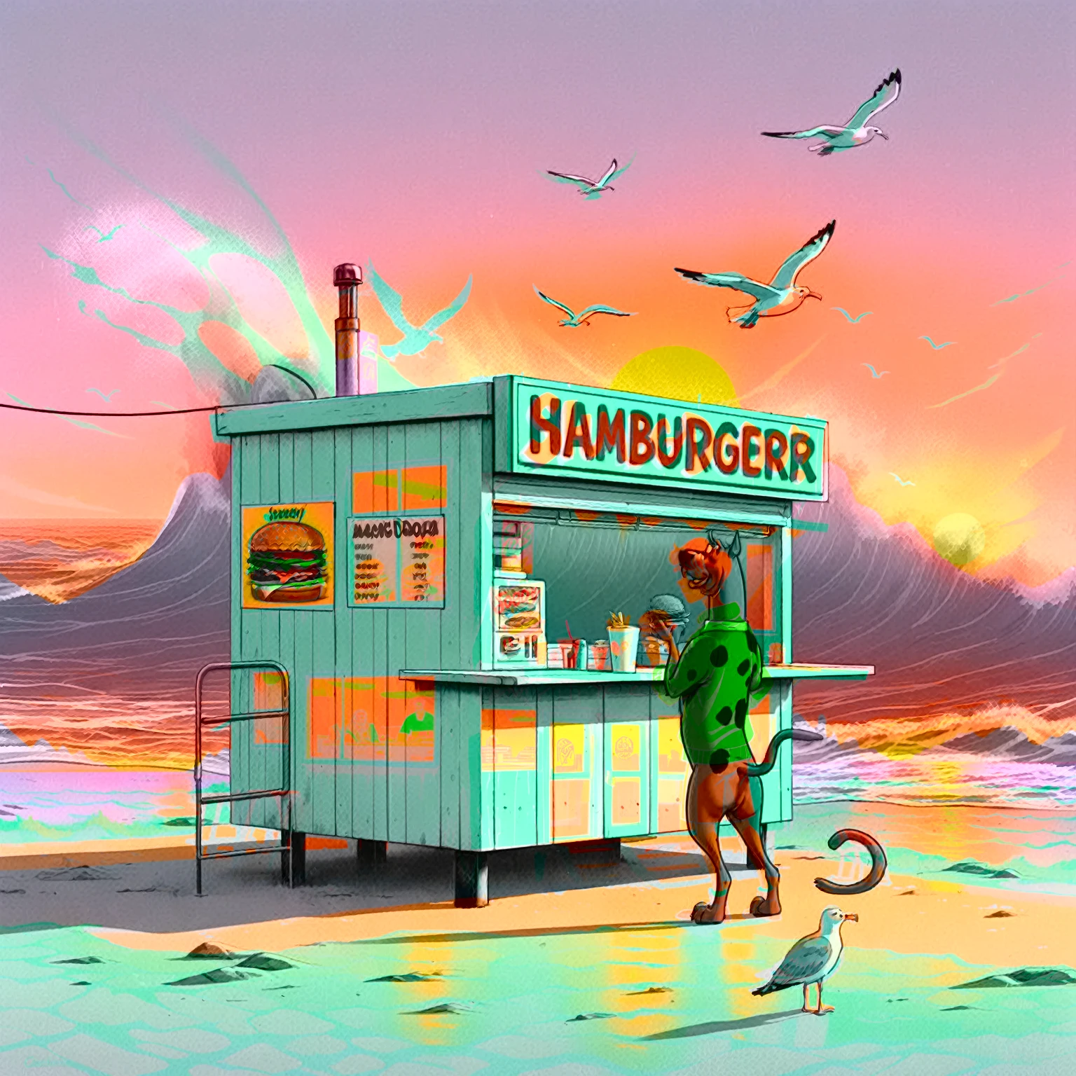 no light source, overwhelming darkness, maximal abyss, Sunset, dim glow, neon, dazzling, warm dark rich coloring, Scooby Doo distinct to original cartoon, ocean front fast food shack, operated by Scooby Doo and Shaggy, waves, sea breeze, seagulls, The scene is minimal, serene, perfect, strange, candid, cinematic, surreal, and timeless. The hamburger grill is lost in space, standing against a blank canvas. The style is a mix of realism and cartoon, with 90s comic aesthetics, expressive ink work, cinematic compositions, and nuanced details. The style is reminiscent of Joelle Jones and 90's scooby doo animated tv show, shaggy wearing tropical green sweater, scooby doo distinct art style,