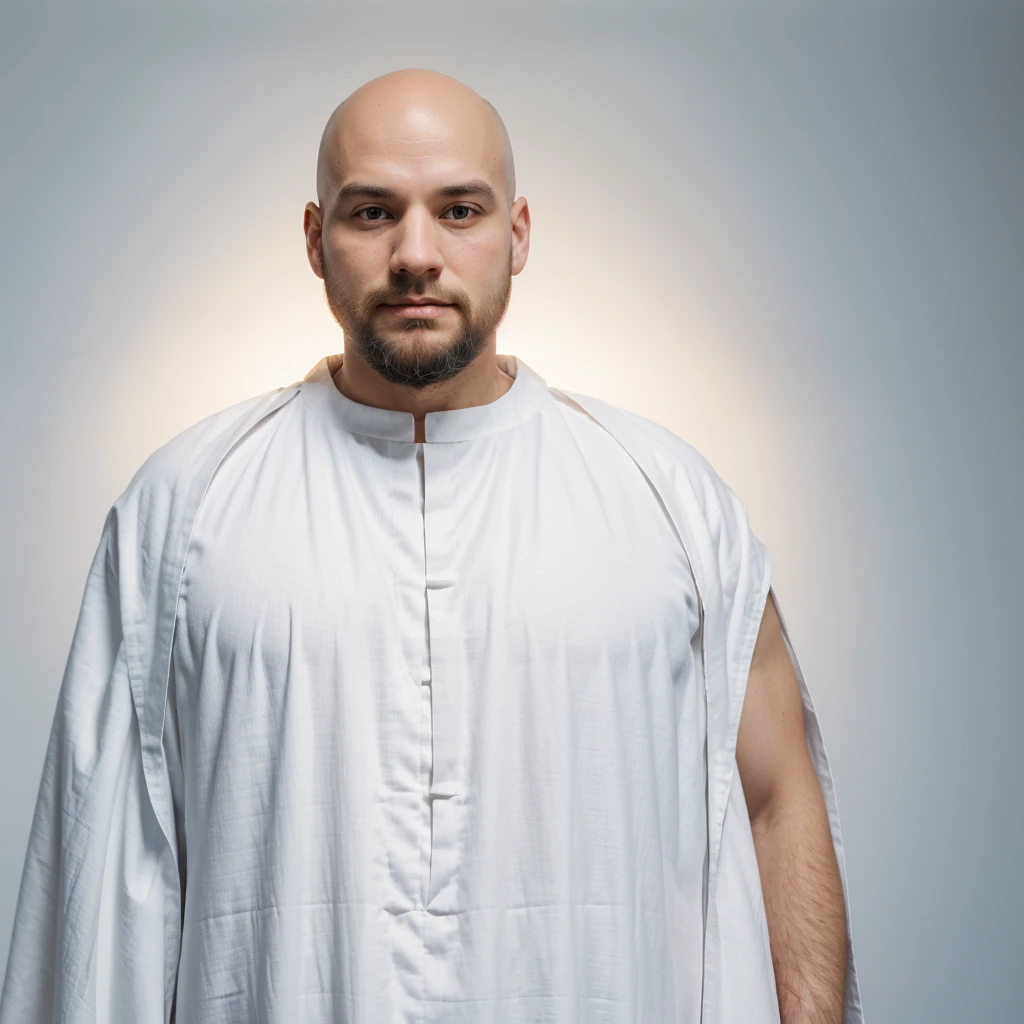 30 year old spiritual bald man,peaceful face, with a thick beard outlined and combed. Wears spiritual white sacred cloak, full body, illuminated and spiritual white background. Sharp photo, hyper realistic, spirituality.

