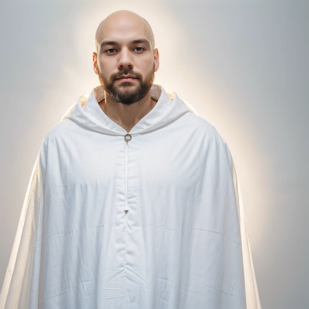 30 year old spiritual bald man,peaceful face, with a thick beard outlined and combed. Wears spiritual white sacred cloak, full body, illuminated and spiritual white background. Sharp photo, hyper realistic, spirituality.
