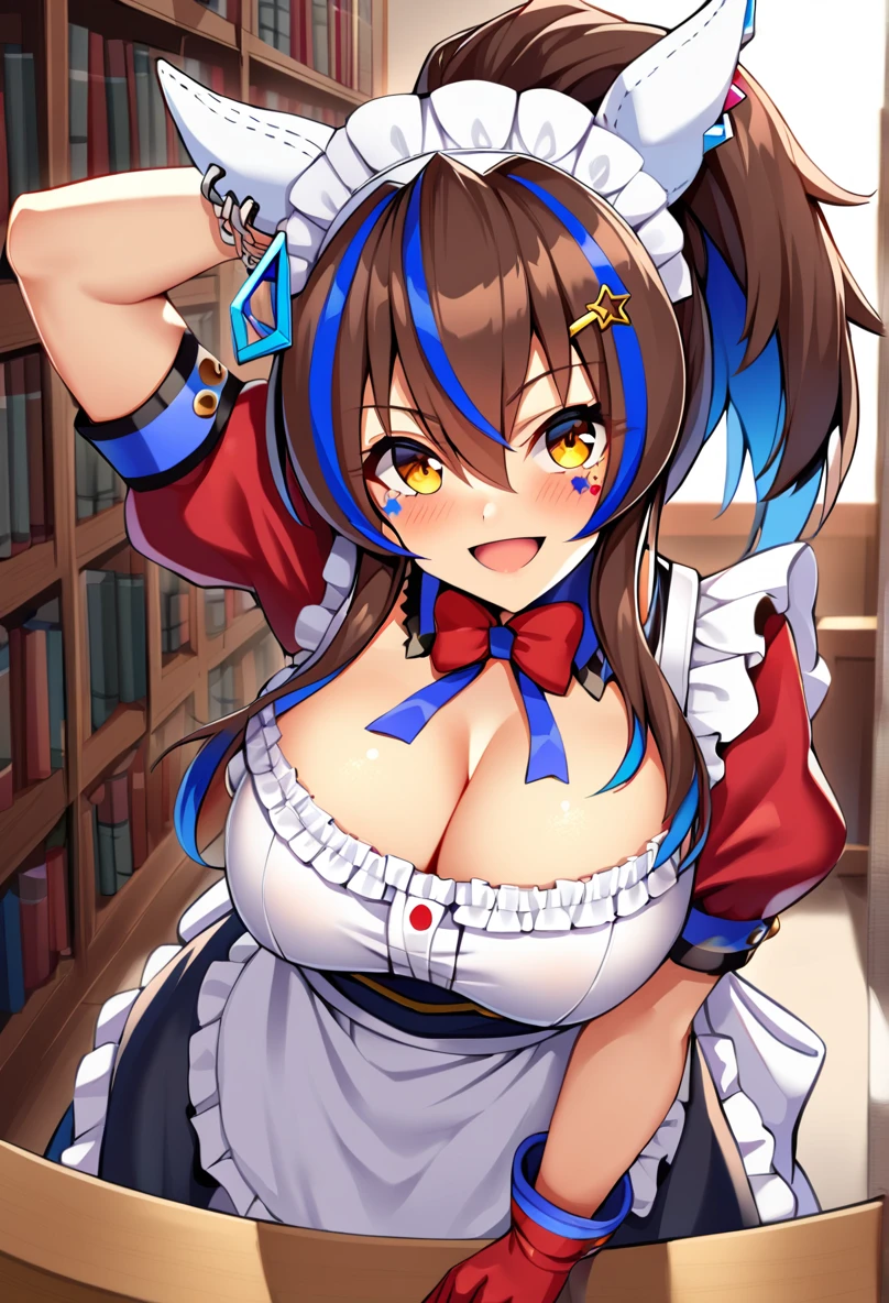 1Girl,solo,daitaku helios(umamusume), umamusume,ster,star tattoo, black hair, ponytail, horse ears,1Girl,solo,daitaku helios(umamusume), umamusume,ster, black hair, ponytail, horse ears, breasts, maid headdress, solo, maid, apron, cleavage, gloves, huge breasts, open mouth, smile, dress, bookshelf, looking at viewer, white apron, frills, maid apron, red gloves, waist apron, arm behind head, large breasts, bow, red dress, indoors, hand on own hip, bowtie, frilled apron, detached collar, red bow, blush, vibrant, highly detailed, masterpiece, best quality, very aesthetic, absurdres, mid, recent