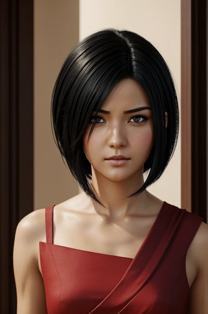 Realistic epic image, sarada uchiha, short shoulder length hair, black and smooth, with hairstyle that gives volume, using the sharingan in his eyes 