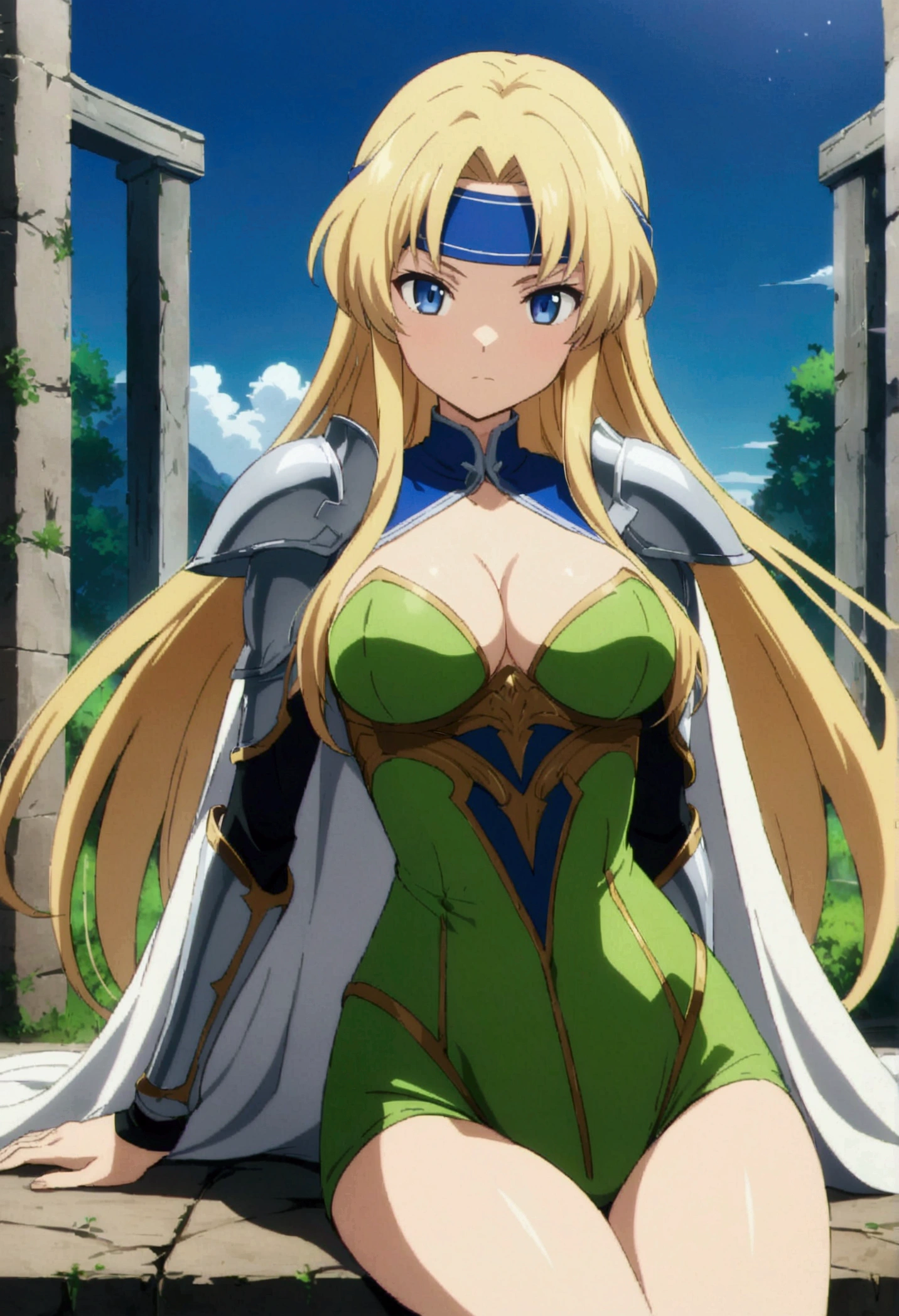 score_9, score_8_up, score_7_up,,BREAK source_anime,from front,front view,,mediumshot,sitting,(legs apart),(arms in sides),looking at viewer, 1girl, celes chere, final fantasy.blonde hair, blue eyes, green leotard, headband, shoulder armor,large breasts,cleavage,pointy breasts,, white cape, vambraces,bracer,  very long hair, bangs, closed mouth,(tundere,,bulsh),outdoor,graceful posture,lean but curvy body, slender waist, round hips, highly detailed,anime style,vibrant, studio anime,masterpiece, best quality,best aestethic, absurdres,1990s_(style),,