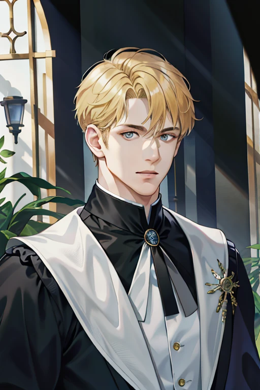 (absurd, highres, ultra detailed), 1 male, solo, young, high muscular face, broad shoulders, handsome, angular jaw, thick neck, BREAK, looking at the viewer, short blonde hair, amber eyes, long sleeves, nevaa forest, natural light and shadow, depth of field, upper body, crow over shoulder, stylish clothes, black gloves, front
