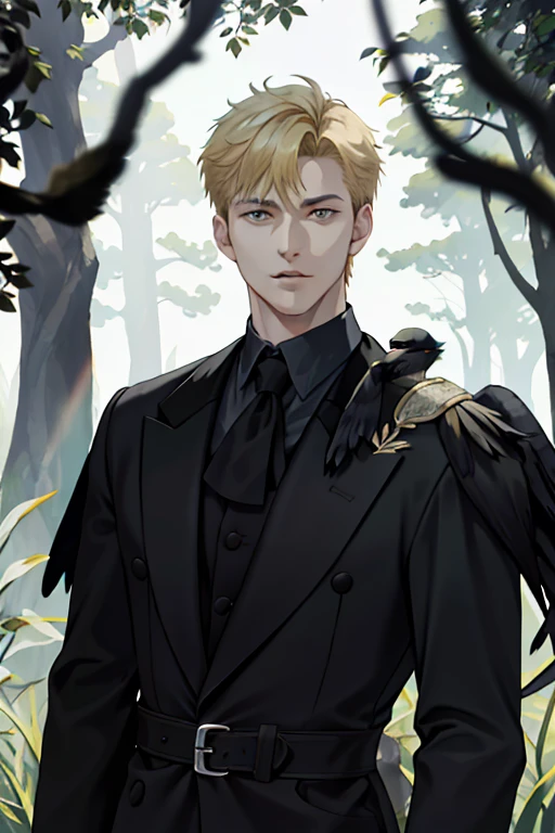 (absurd, highres, ultra detailed), 1 male, solo, young, high muscular face, broad shoulders, handsome, angular jaw, thick neck, BREAK, looking at the viewer, short blonde hair, amber eyes, long sleeves, nevaa forest, natural light and shadow, depth of field, upper body, crow over shoulder, stylish clothes, black gloves, front