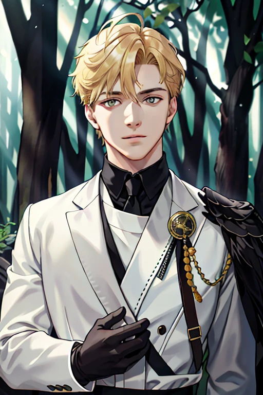 (absurd, highres, ultra detailed), 1 male, solo, young, high muscular face, broad shoulders, handsome, angular jaw, thick neck, BREAK, looking at the viewer, short blonde hair, amber eyes, long sleeves, nevaa forest, natural light and shadow, depth of field, upper body, crow over shoulder, stylish clothes, black gloves, front