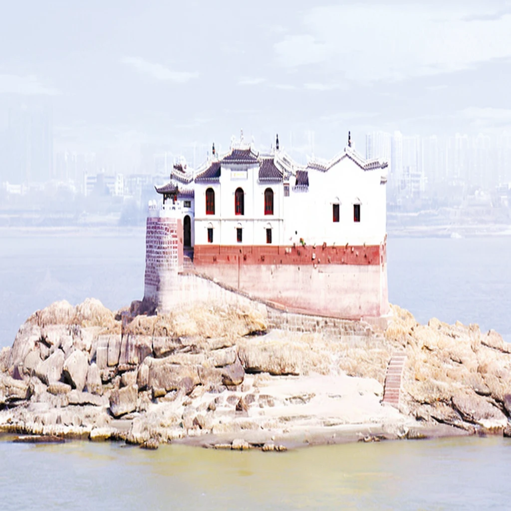 There is a small white building on the rocks in the water, History background, Guangjian,, A huge floating castle, keep, , Many years have passed, Guanyin Pavilion, An ancient, an island, Anhui style