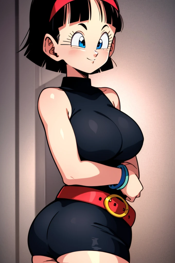 ultra detailed, masterpiece, best quality, solo, soft smile, light smile, Videl, Dragon Ball,
hairband, short hair, red hairband, bangs, sleeveless, dress, jewelry, belt, red dress, braceletblue eyes, colored eyelashes, eyelashes, black hair, , big breast, big ass, white shirt,  confused face expresion, sin imperfecciones, dibujo perfecto,