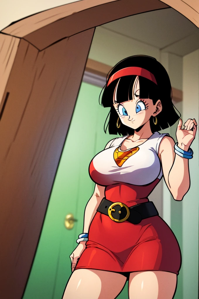 ultra detailed, masterpiece, best quality, solo, soft smile, light smile, Videl, Dragon Ball,
hairband, short hair, red hairband, bangs, sleeveless, dress, jewelry, belt, red dress, braceletblue eyes, colored eyelashes, eyelashes, black hair, , big breast, big ass, white shirt,  confused face expresion, sin imperfecciones, dibujo perfecto,