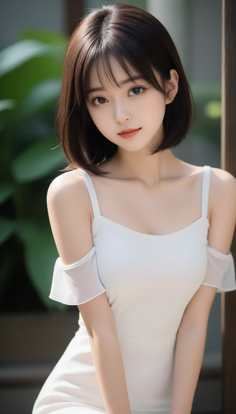 8K, Ultra-high resolution, Highest quality, masterpiece, 三分割法によるphotograph,Surreal, photograph, 1 Girl, (:1.3), pretty girl, Cute face, Beautiful eyes in every detail, 細かくdetailedに,masterpiece,One Girl:1.2, Japan Female Announcer, whole body,from behind,blush,closed eyes,shy,Black Hair,Bob with bangs,White shiny dress,Deep slit,pulling up the hem,Spanking,Captivating ass,Delicate and smooth skin, Realistic Skin, Perfect and beautiful face ,完璧でCute face, Skin with attention to detail, Perfect limbs、Narrow waist、Thin legs)、Browsing Caution,Beautiful leg line beauty,Looking at the audience、beauty,Long neck、(((Ideal body type))),A cup small breasts :2,、Portraiture:2、Perfect Anatomy、鮮明なdetailed、detailed、Surreal、Light and shadow,Strong light