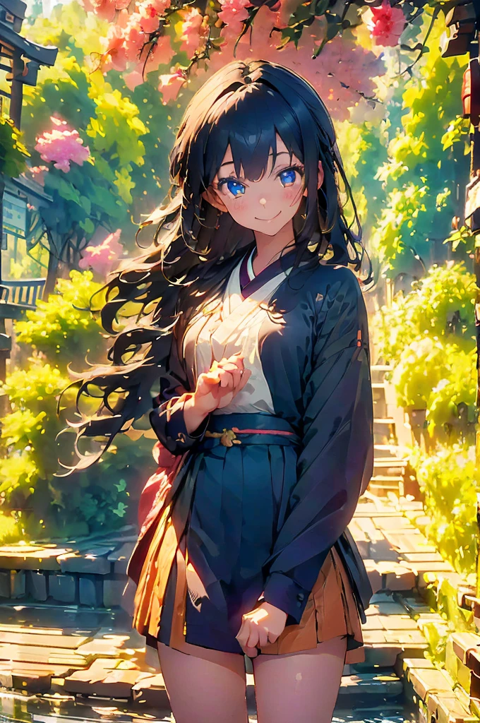 (masterpiece), (high resolution 8K), professional illustration,(1 girl:1.3), late age, standing, thigh focus, dutch angle, japanese clothes, kimono, hair ornament, long hair, smile, looking up, shrine, temple, torii, beautiful starry sky, night,natural lighting, high contrast, stunning face, symmetrical clear eyes, detailed eyes and face, detailed skin