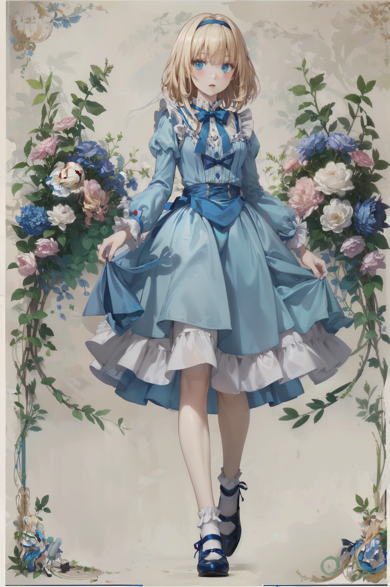 (Official Art、Highest quality、Unity 8k wallpaper、32k、masterpiece、Ultra-detailed、Ultra-high resolution)、Fantastic、((Alice in Wonderland))、Blonde、Tie your hair with a ribbon、Blue colored eyes、Blue Apron Dress、White socks、Trump、Usagi