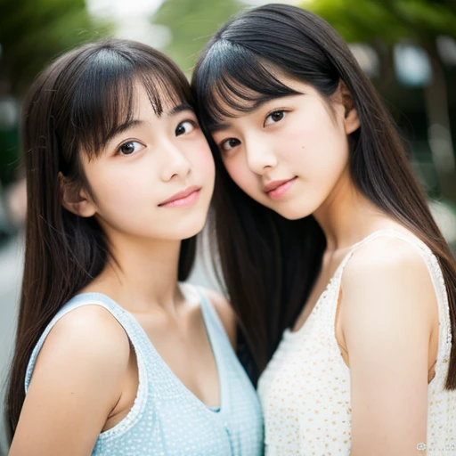 lens: 135mm f1.8,(Highest quality), (Beautiful -yeld Jaese twin sisters),  (Moist lips), (They have narrow eyes, double eyelid,Delicate clavicle,Flat Chest,Shortcuts),
 (Let me&#39;Let&#39;s take another look),  shame, A faint smile,
(Spotted sunlight:1.2), Professional Lighting, 
(White camisole), (Sunburned skin:0.2),Their whole bodies are shown、Full Body Focus、They are close to each other