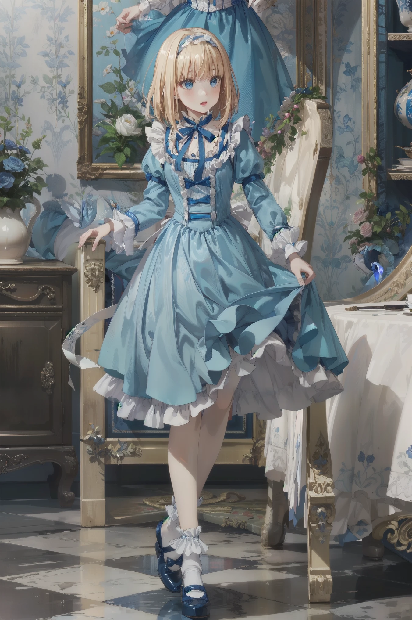 (Official Art、Highest quality、Unity 8k wallpaper、32k、masterpiece、Ultra-detailed、Ultra-high resolution)、Fantastic、((Alice in Wonderland))、Blonde、Tie your hair with a ribbon、Blue colored eyes、Blue Apron Dress、White socks、Trump、Usagi