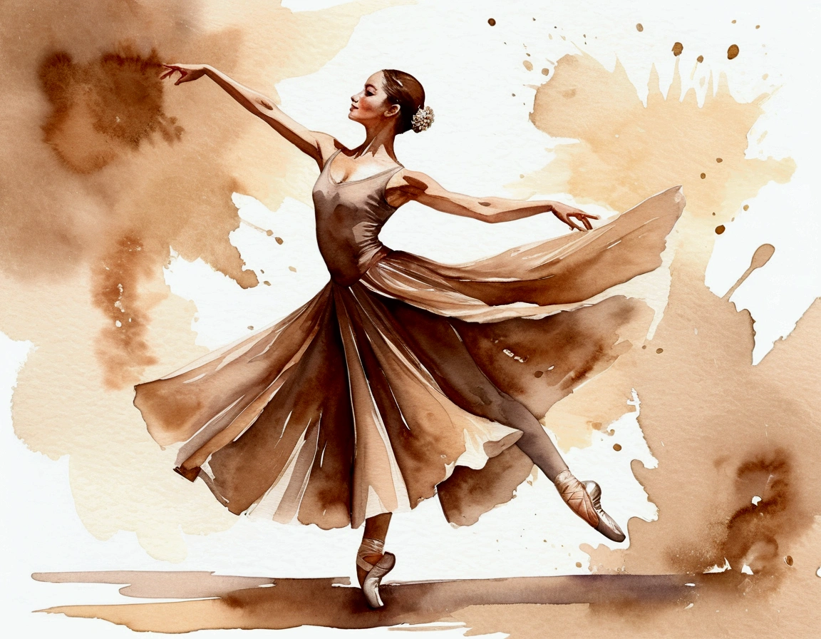 ((A watercolor)),Mature,Beautiful classical dancer, Ballet pose, High quality wallpapers, Brown, Beige background,High quality watercolor wallpaper, Watercolor, Striking pose, woman, 30 years old, Portrait,8K