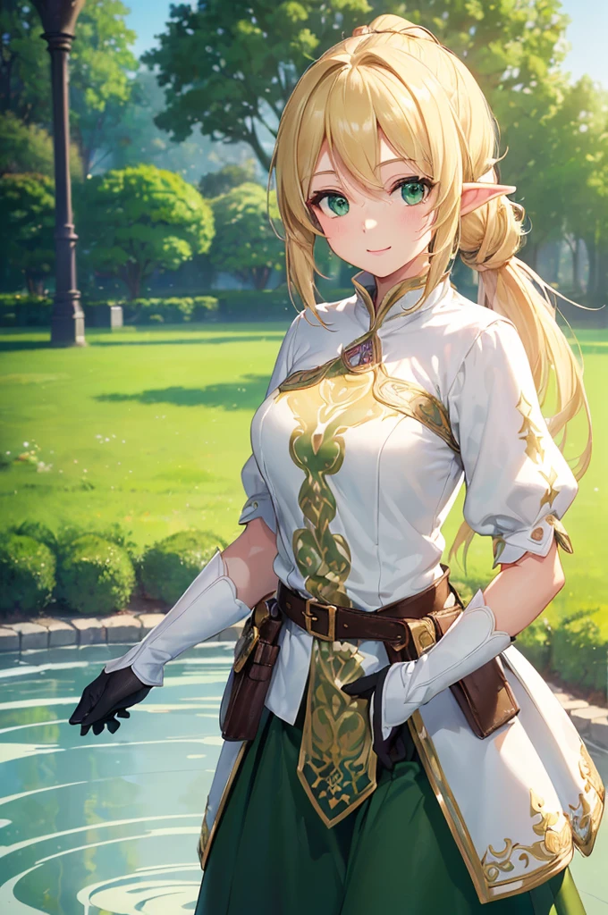 (((masterpiece; best quality: 1.2))), (finely detailed eyes: 1.3), (25 year old elf woman), (solo), (green eyes: 1.4), (body; lithe, fit, femenine: 1.3), (silky blonde hair + low ponytail: 1.3), (beautiful and clear background: 1.2), ((depth of field)), (equipment: adventurer attire + modest + long white tunic-coat + black longskirt + gloves + belt + pouches: 1.3), (anime illustration: 1.2), (background composition; royal garden: 1.1), (extremely fine and beautiful: 1.1), (shot composition; standing + centered on torso + close-up: 1.5), (expression; calm, smile: 1.2)