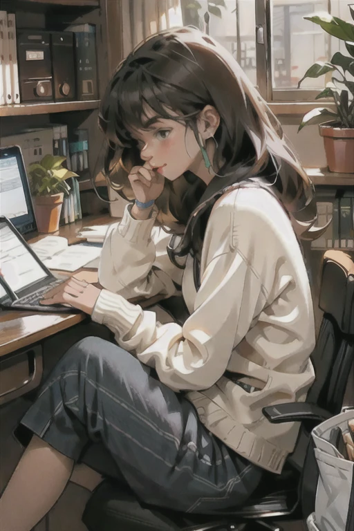 A person sitting at a desk, working on a laptop. The desk has a cup of coffee, some books, and a potted plant. The background is a cozy home office with warm lighting.