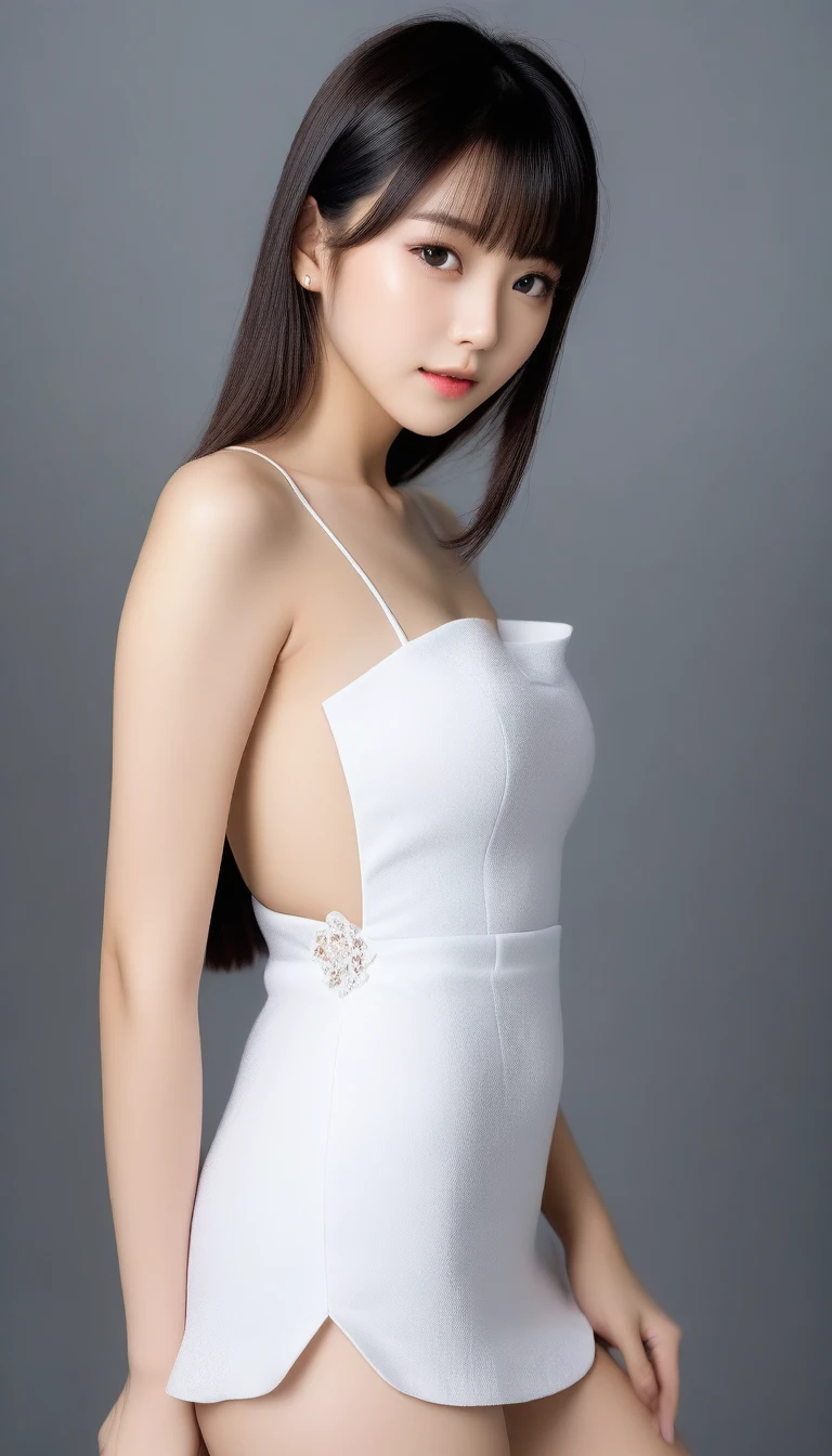 8K, Ultra-high resolution, Highest quality, masterpiece, 三分割法によるphotograph,Surreal, photograph, 1 Girl, (:1.3), pretty girl, Cute face, Beautiful eyes in every detail, 細かくdetailedに,masterpiece,One Girl:1.2, Japan Female Announcer, whole body,from behind,blush,closed eyes,shy,Black Hair,Bob with bangs,White shiny dress,Deep slit,pulling up the hem,Spanking,Captivating ass,Delicate and smooth skin, Realistic Skin, Perfect and beautiful face ,完璧でCute face, Skin with attention to detail, Perfect limbs、Narrow waist、Thin legs)、Browsing Caution,Beautiful leg line beauty,Looking at the audience、beauty,Long neck、(((Ideal body type))),A cup small breasts :2,、Portraiture:2、Perfect Anatomy、鮮明なdetailed、detailed、Surreal、Light and shadow,Strong light