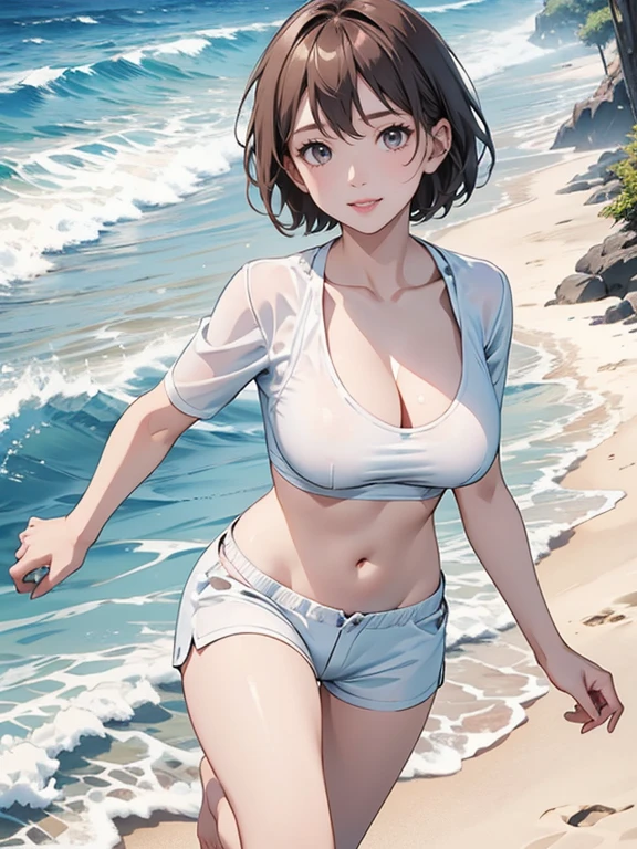 (Highest quality、masterpiece、High resolution、8K)、Vibrant colors、Young and beautiful woman 1、whole body、Brown and black short bob、barefoot、(Detailed face、Beautiful Eyes、Beautiful nose、Pretty lips)、Ample breasts、Beautiful cleavage、White T-shirt and shorts、Running on the beach、A refreshing smile、looking at the camera、Official Art、The background is the sea、blue sky、White waves and wide sandy beach、Wide forest、White Entrance Cloud、(Depth of written boundary:1.5)、Professional Lighting、