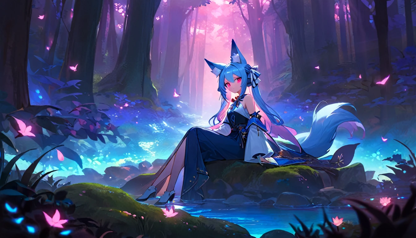 (good job:1 woman, fox ears, fox tail, 하늘색 fox ears, 하늘색 fox tail,hair down to the middle of the back, light blue hair, He wears a white ribbon in his hair., pink eyes, Sky blue hanbok, sitting on a rock in the forest, low angle