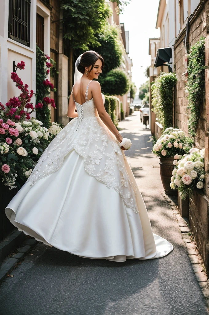 A beautiful bride wearing a white ball gown wedding dress happily running through a beautiful street with floral designs and decorations