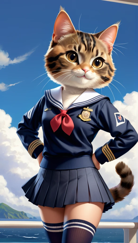 Realistic portrait of clothed animals - ( (Tortoiseshell cat) student,(Furry),(Graceful pose:1.5),(Hands on hips:1.5),(Smiling:1.5),High quality,(),(Adorable),Exquisite detail,Wearing Japanese sailor uniform,(),Highly detailed ((Female sailor uniform)),Highly detailed outfit,Knee socks,(Happy),Soft lighting,(Full body image:2.0),Classroom background,Clouds,Score 9,Score 8_up,Score 7_up,Score 6_up,Score 5_up,Score 4_up,