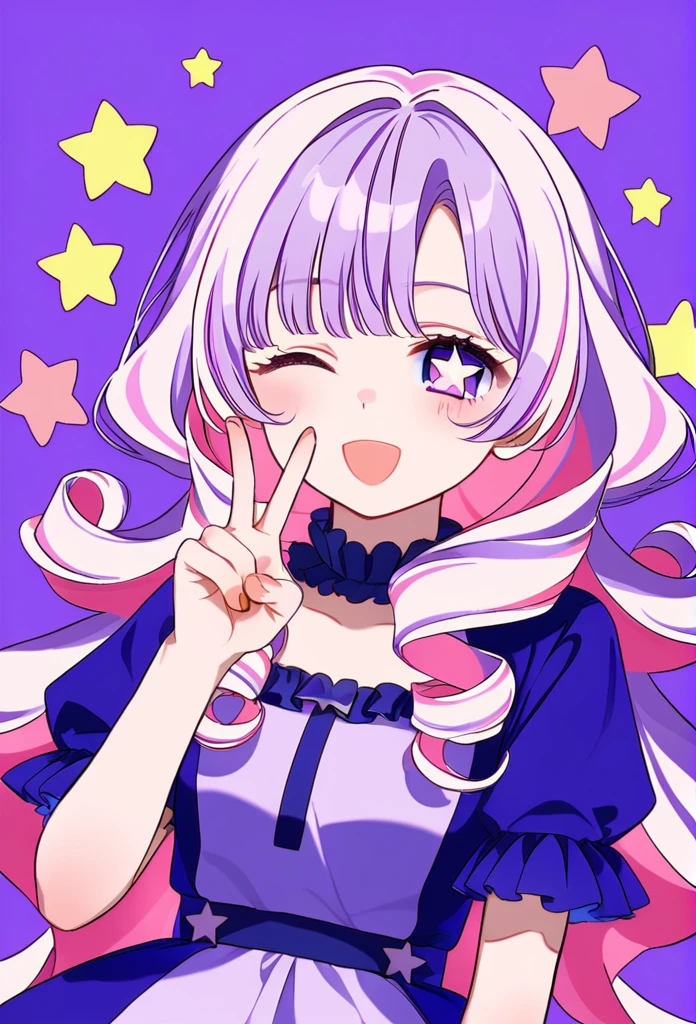 masterpiece, best quality, upper body, score_9,older woman,star shaped pupils,wink,purple eyes,purple,orange,and pink spray pain background,curly pastel multicolor white hair, long bangs,white frilled dress,pastel pink and purple dress