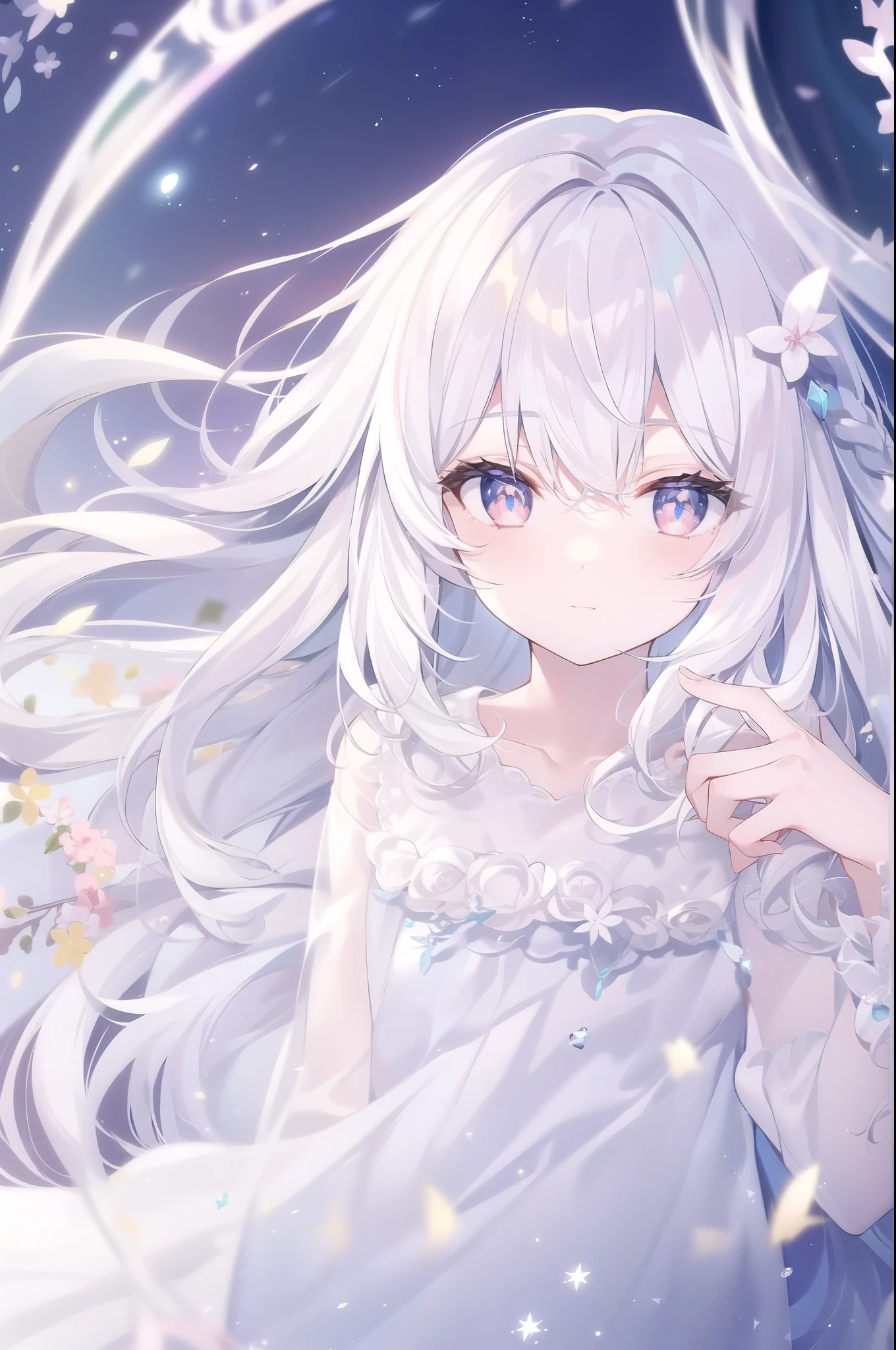 ((masterpiece, best quality))++, Detailed lighting+,  Detailed hair+, Detail hand+ ,1 girl, Miss, Long hair,   Crimson eyes,  beautiful eyes, young white hair,,(Beautiful white hair:1.5),(Beautiful and delicate eyes),  high resolution+,glass tint, Reflective eyes,   {{angle}} , Very detailed wallpaper, The original, Air bangs，Extremely beautiful CG，black worksuit，Firefly，Galaxy，Shattered like a mirror