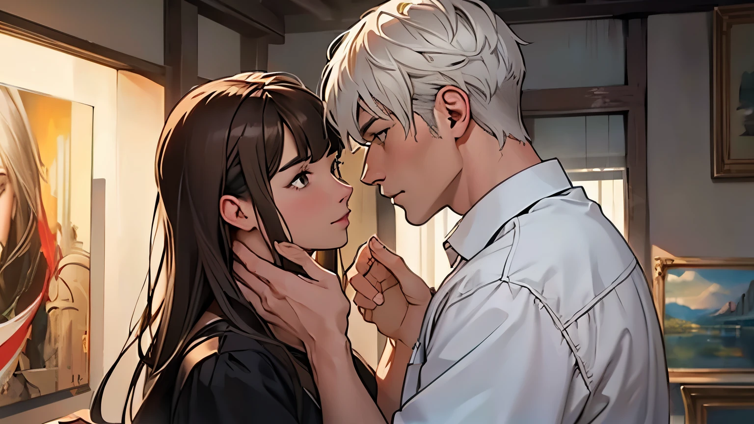 ((best quality)), ((Work of art)),((detailed)), couple looking at each other, man with short white hair, woman with long brown hair, with bangs